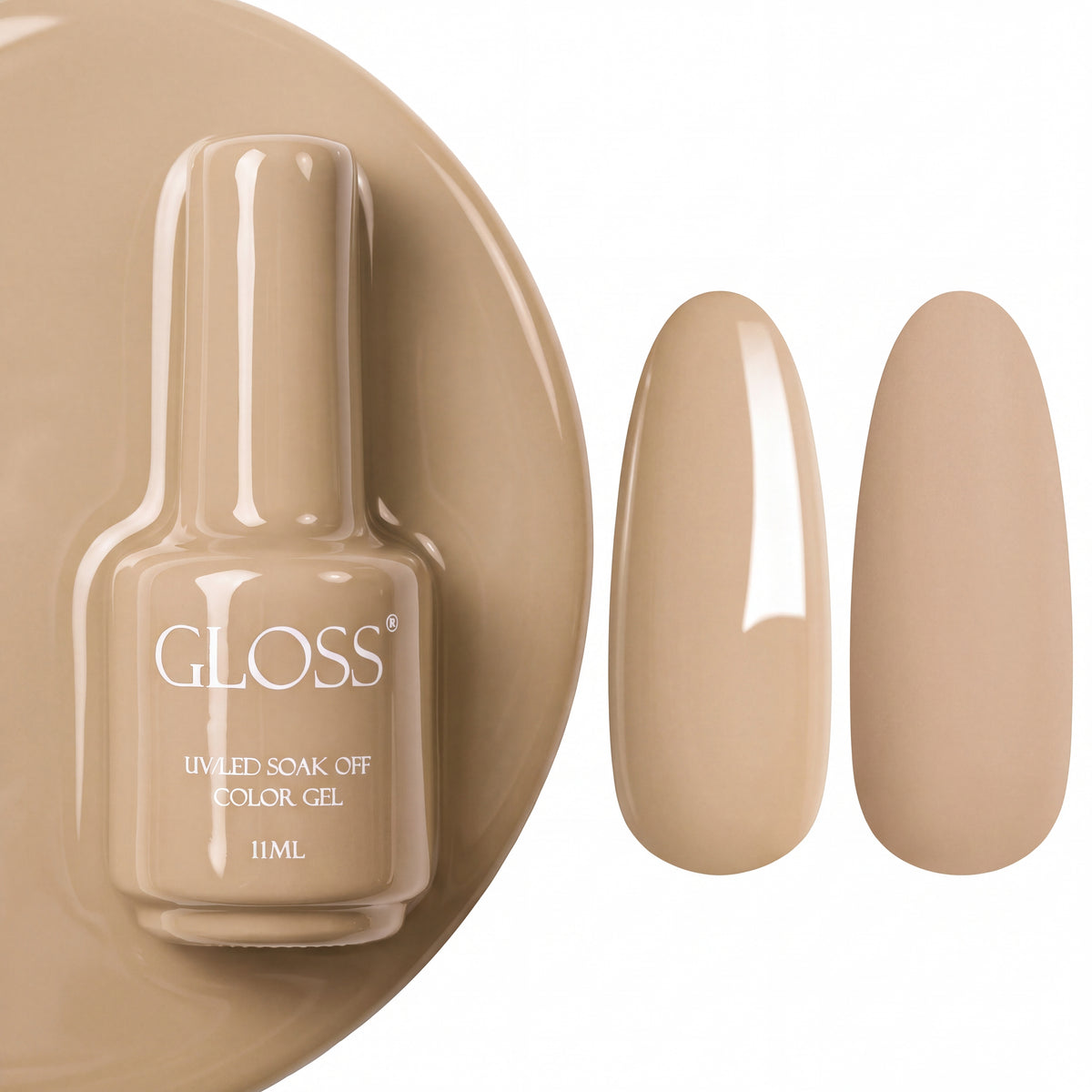 GLOSS gel polish 153 Warm Beige, 11 ml bottle with glossy and matte nail swatches