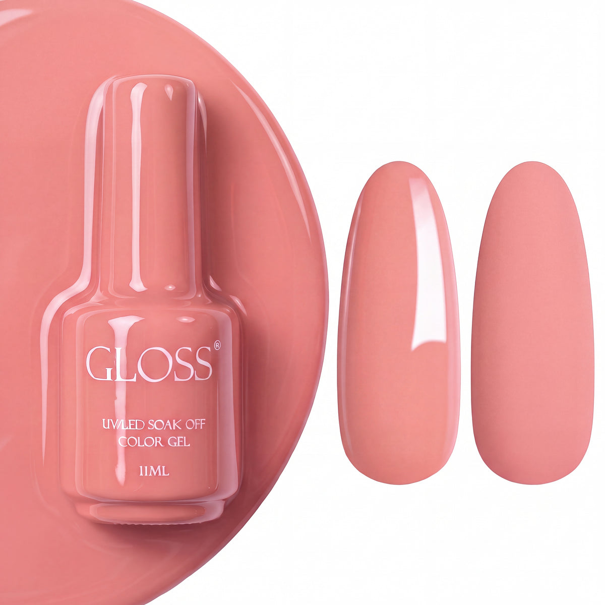 GLOSS gel polish 154 Dusty Rose, 11 ml bottle with glossy and matte nail swatches