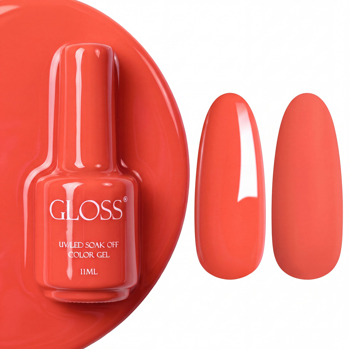 GLOSS gel polish 155 Pink Coral, 11 ml bottle with glossy and matte nail swatches