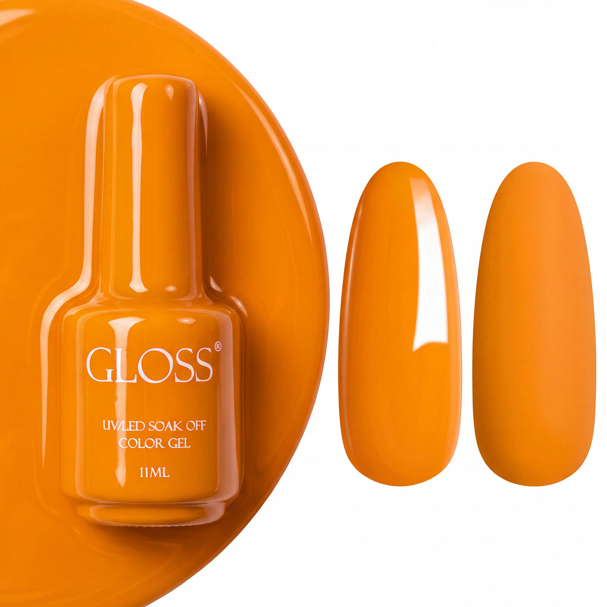 GLOSS gel polish 156 Orange, 11 ml bottle with glossy and matte nail swatches