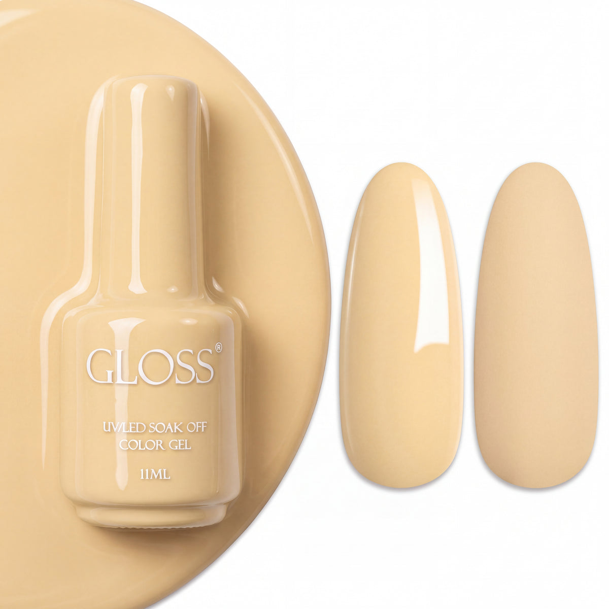 GLOSS gel polish 157 Creme Brulee, 11 ml bottle with glossy and matte nail swatches