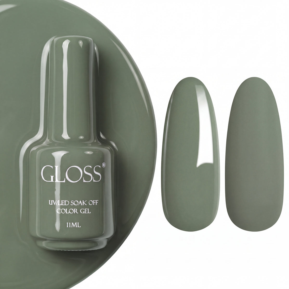 GLOSS gel polish 158 Gray Olive, 11 ml bottle with glossy and matte nail swatches
