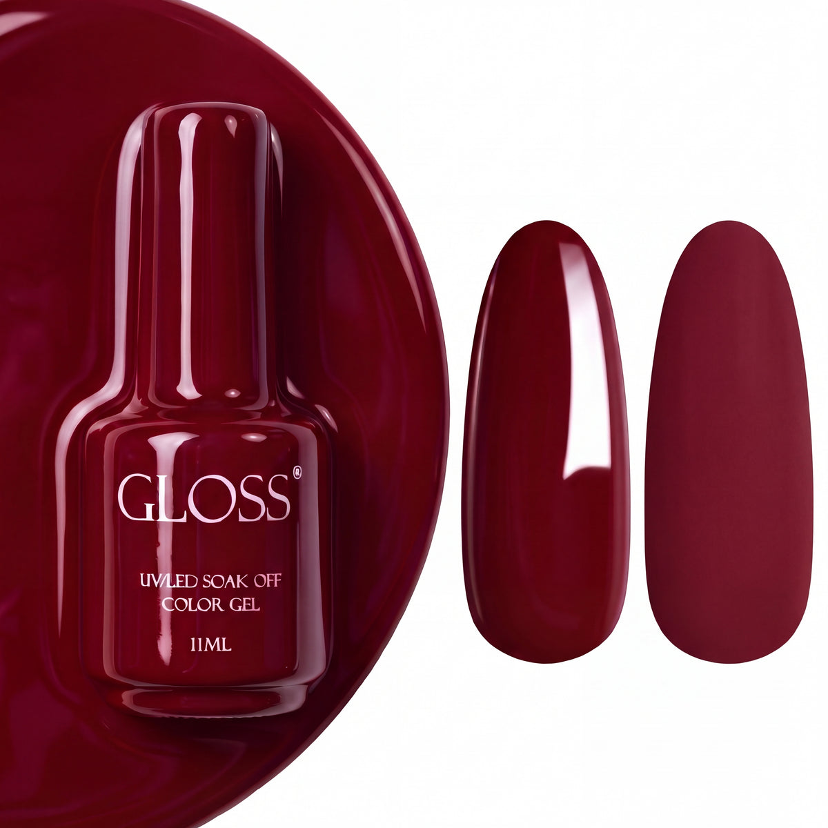 GLOSS gel polish 200 Dark Red Classic, 11 ml bottle with glossy and matte nail swatches