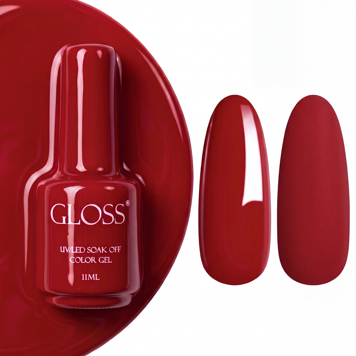 GLOSS gel polish 201 Bright Red, 11 ml bottle with glossy and matte nail swatches