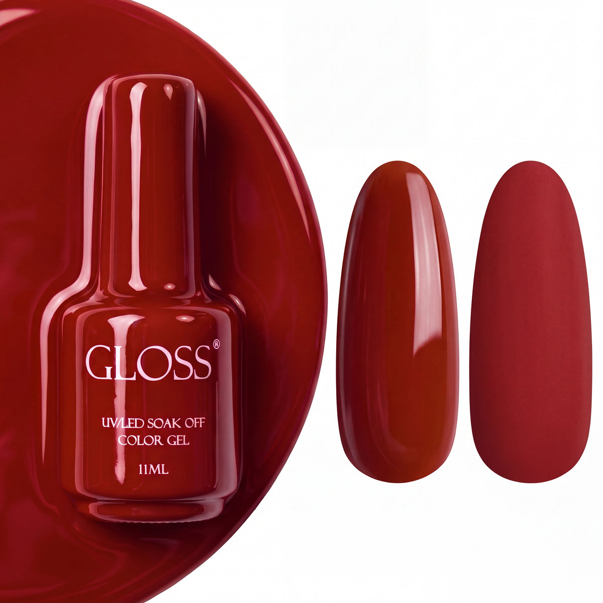 GLOSS gel polish 202 Deep Red, 11 ml bottle with glossy and matte nail swatches