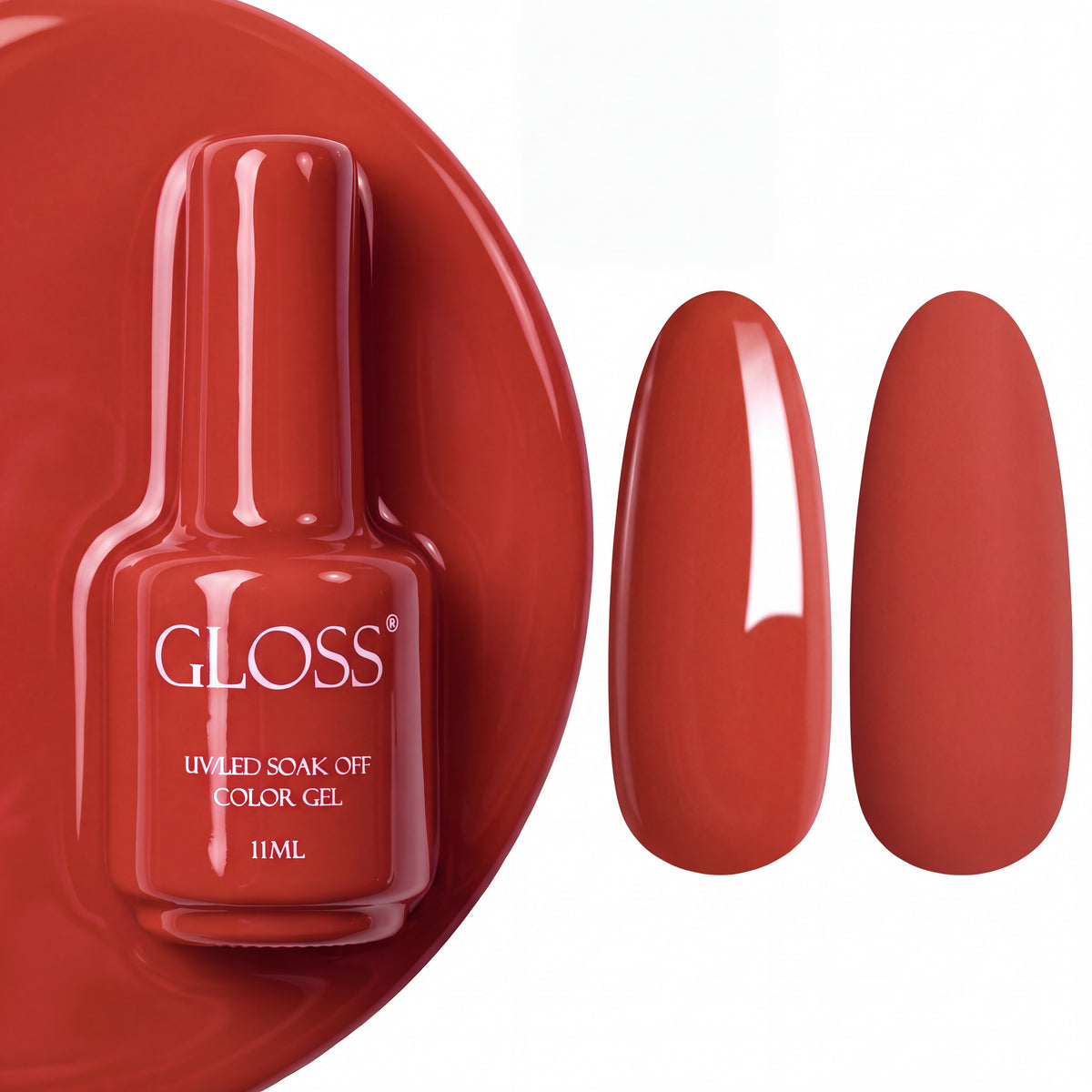 GLOSS gel polish 204 Terracotta, 11 ml bottle with glossy and matte nail swatches