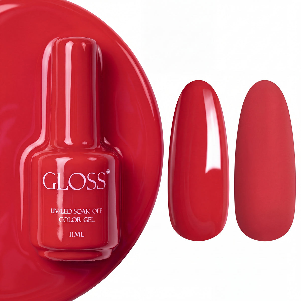 GLOSS gel polish 205 Lingonberry, 11 ml bottle with glossy and matte nail swatches