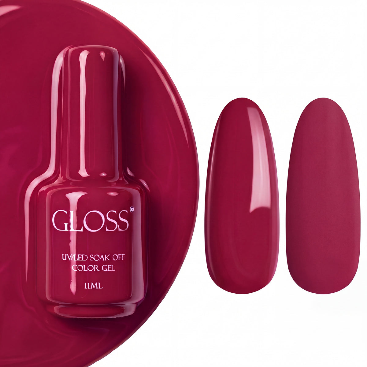 GLOSS gel polish 206 Raspberry Coral, 11 ml bottle with glossy and matte nail swatches