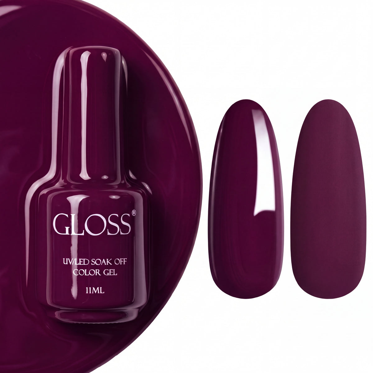 GLOSS gel polish 207 Cherry, 11 ml bottle with glossy and matte nail swatches