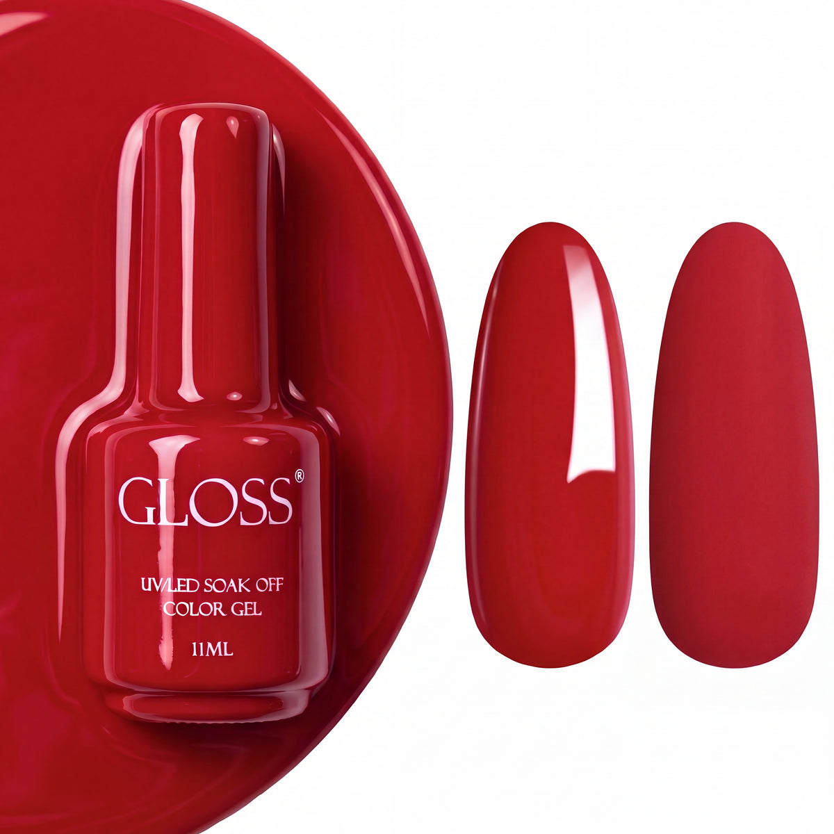 GLOSS gel polish 209 Red, 11 ml bottle with glossy and matte nail swatches