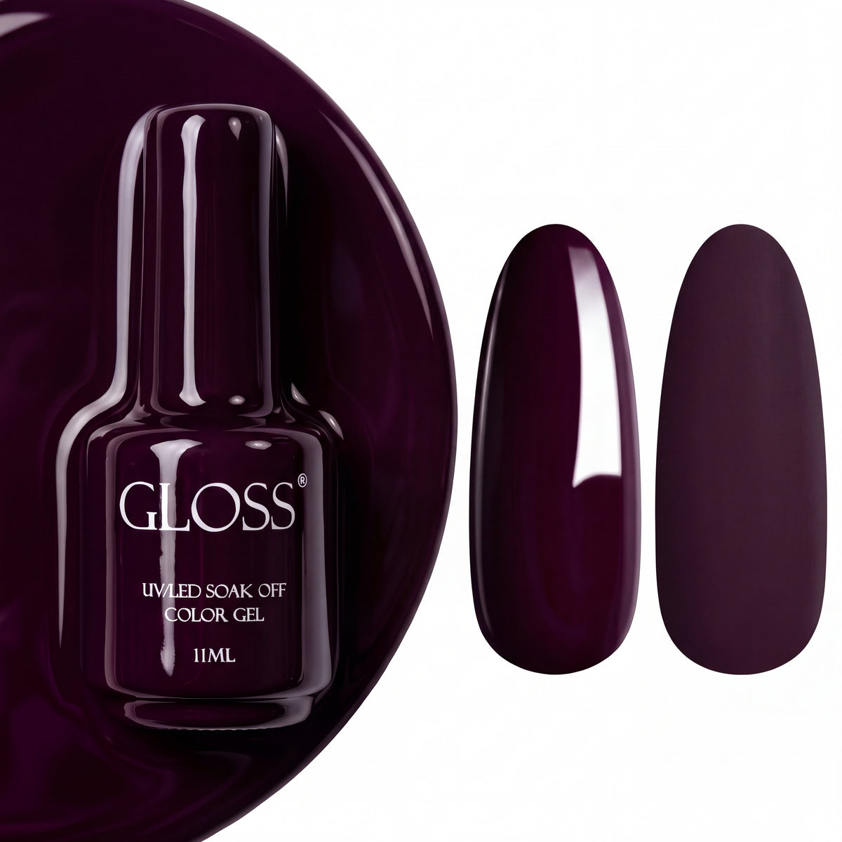 GLOSS gel polish 210 Dark Plum, 11 ml bottle with glossy and matte nail swatches