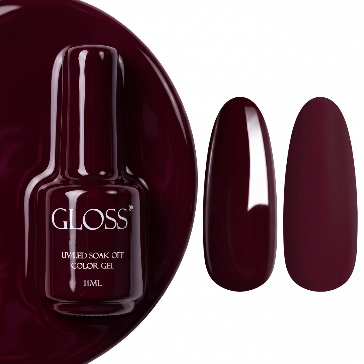 GLOSS gel polish 213 Muted Plum, 11 ml bottle with glossy and matte nail swatches