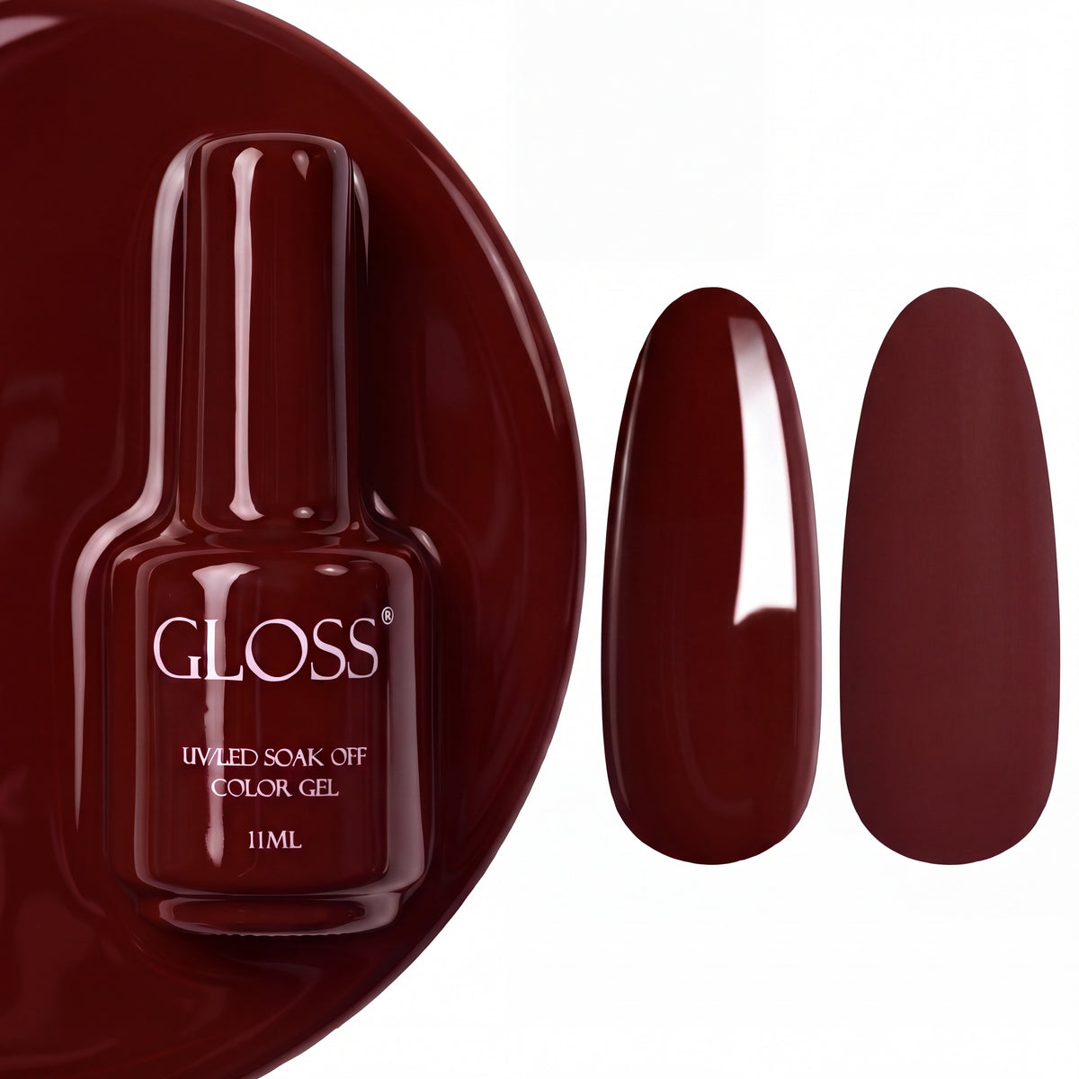 GLOSS gel polish 214 Ripe Cherry, 11 ml bottle with glossy and matte nail swatches