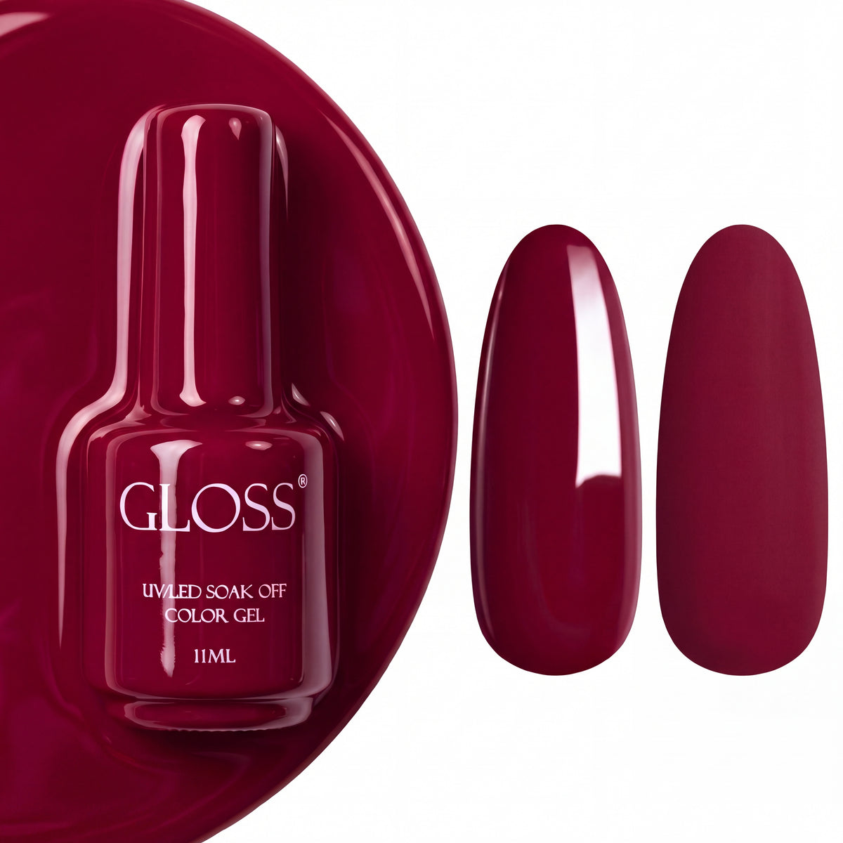 GLOSS gel polish 215 Deep Fuchsia, 11 ml bottle with glossy and matte nail swatches