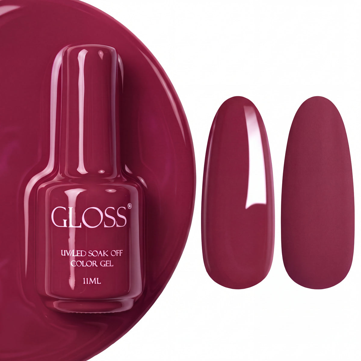 GLOSS gel polish 216 Dusty Red, 11 ml bottle with glossy and matte nail swatches