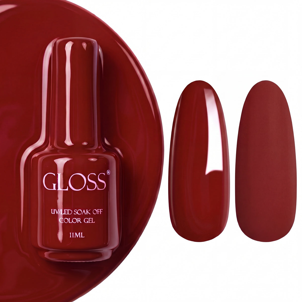 GLOSS gel polish 217 Scarlet, 11 ml bottle with glossy and matte nail swatches