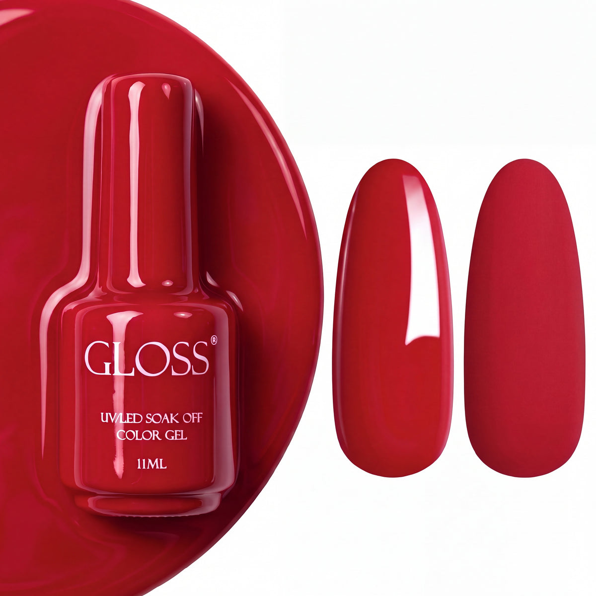 GLOSS gel polish 218 Sangria, 11 ml bottle with glossy and matte nail swatches
