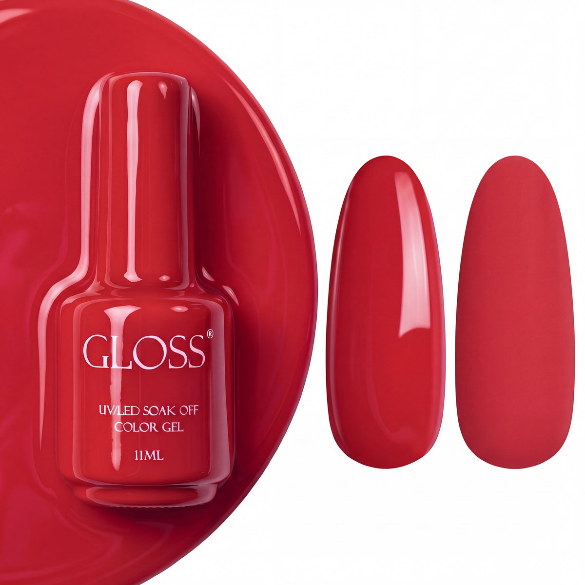 GLOSS gel polish 220 Coral Red, 11 ml bottle with glossy and matte nail swatches