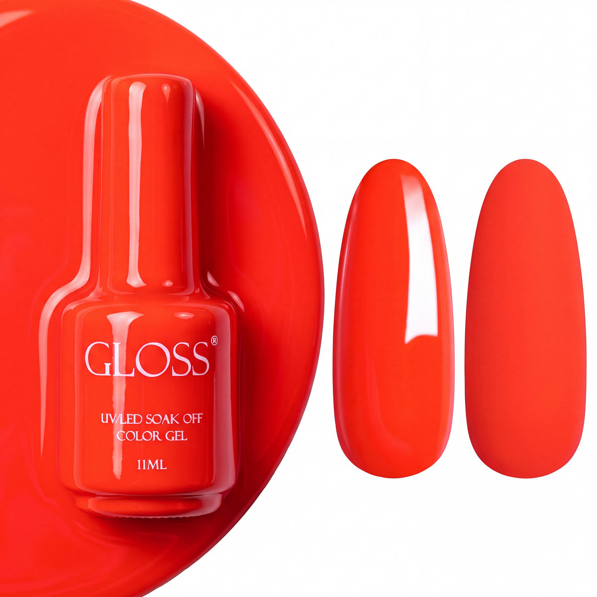 GLOSS gel polish 221 Carrot, 11 ml bottle with glossy and matte nail swatches