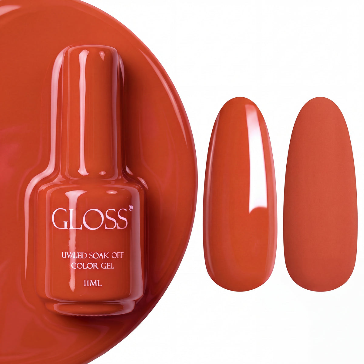 GLOSS gel polish 223 Pumpkin, 11 ml bottle with glossy and matte nail swatches
