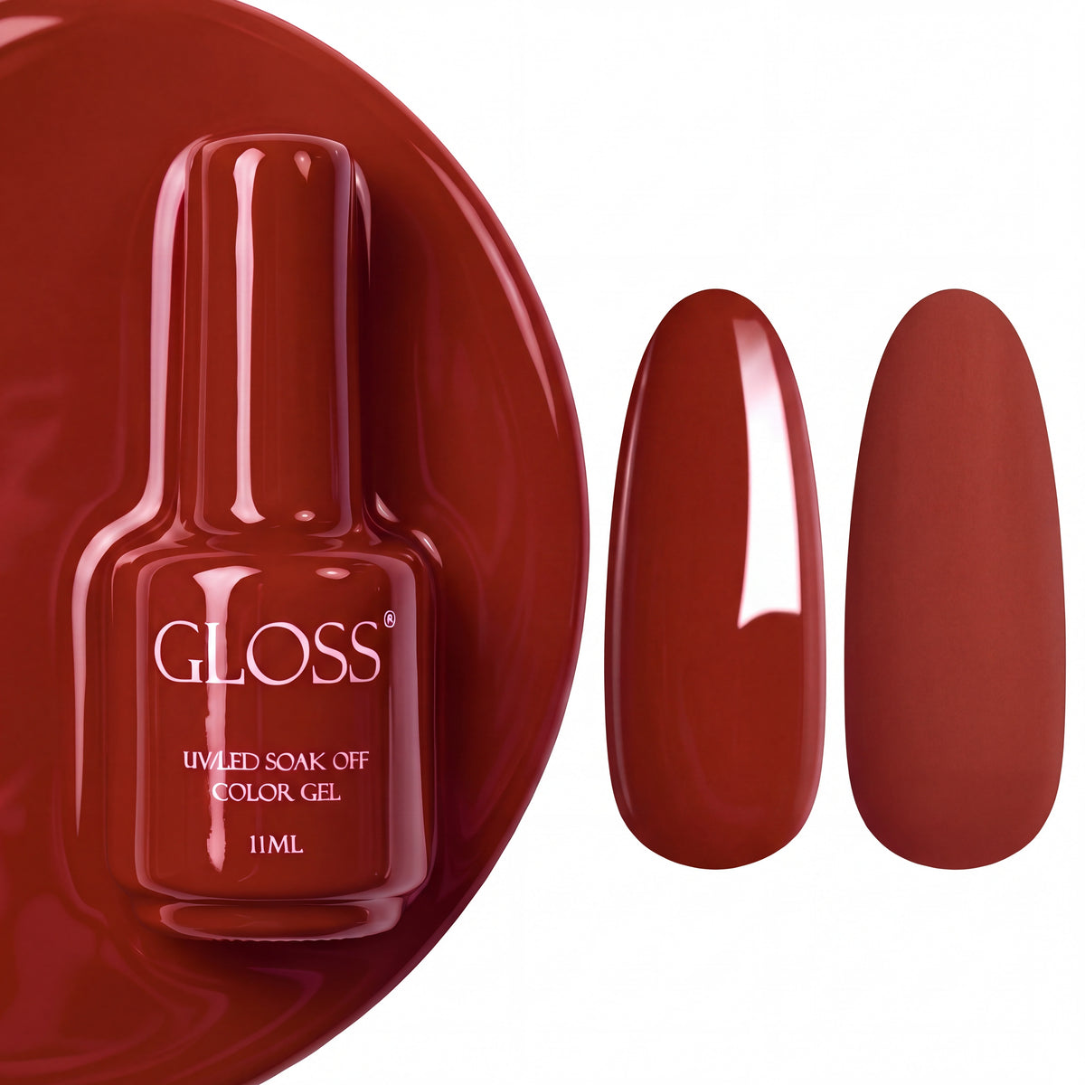 GLOSS gel polish 226 Titian, 11 ml bottle with glossy and matte nail swatches