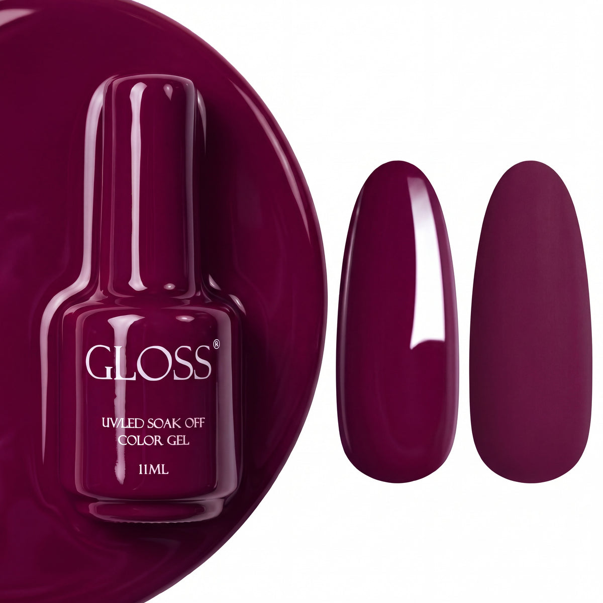 GLOSS gel polish 227 Dark Purple, 11 ml bottle with glossy and matte nail swatches