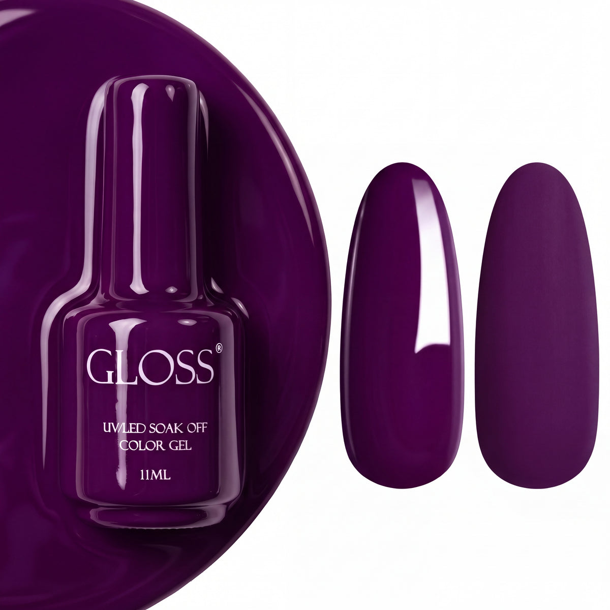 GLOSS gel polish 228 Deep Violet, 11 ml bottle with glossy and matte nail swatches