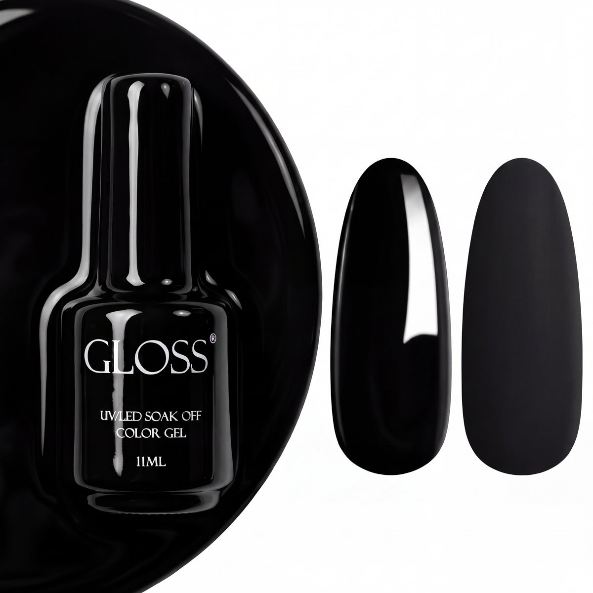 GLOSS gel polish 300 Really Black, 11 ml bottle with glossy and matte nail swatches