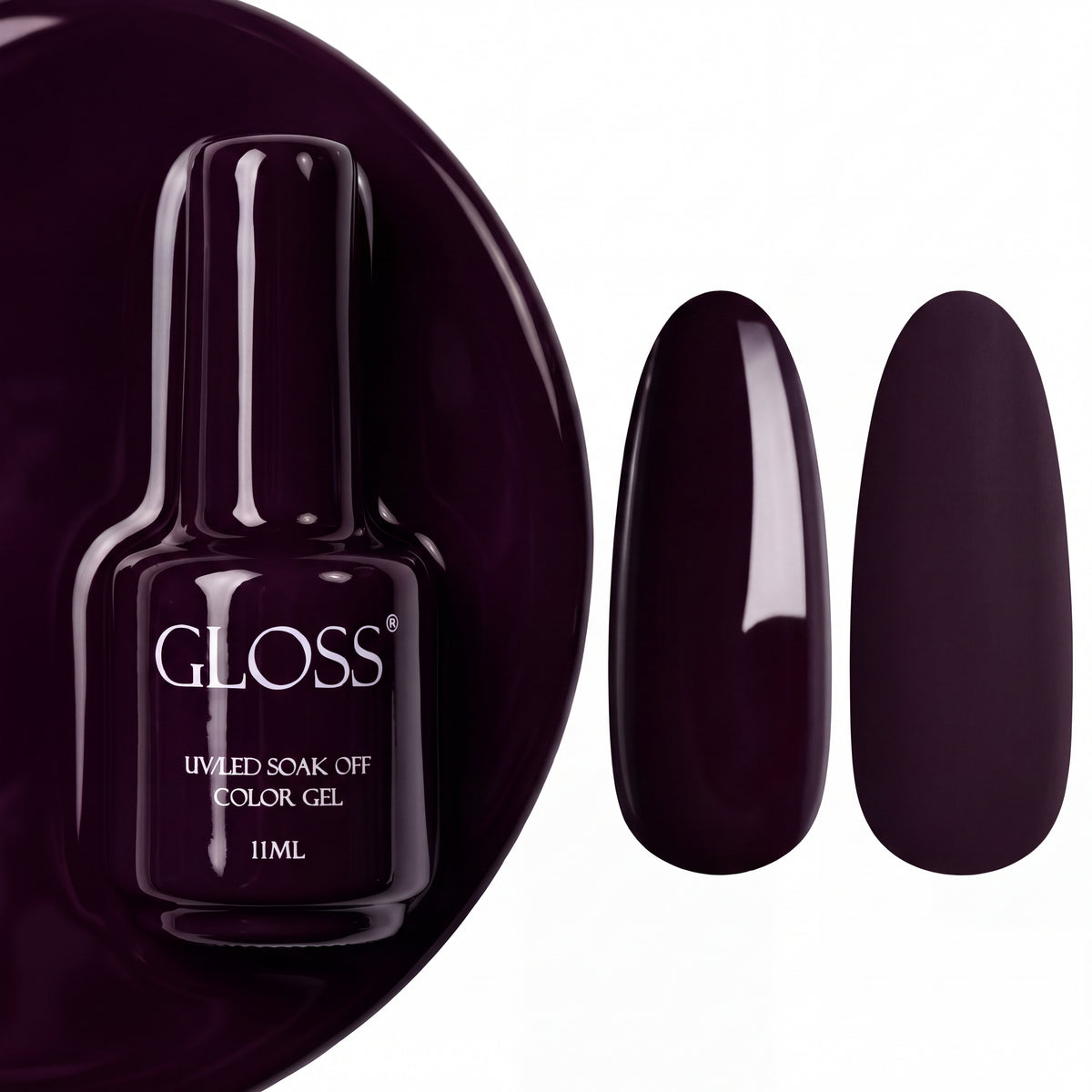 GLOSS gel polish 301 Dark Lilac, 11 ml bottle with glossy and matte nail swatches