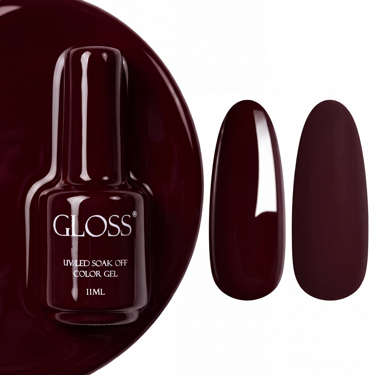 GLOSS gel polish 302 Wine Burgundy, 11 ml bottle with glossy and matte nail swatches