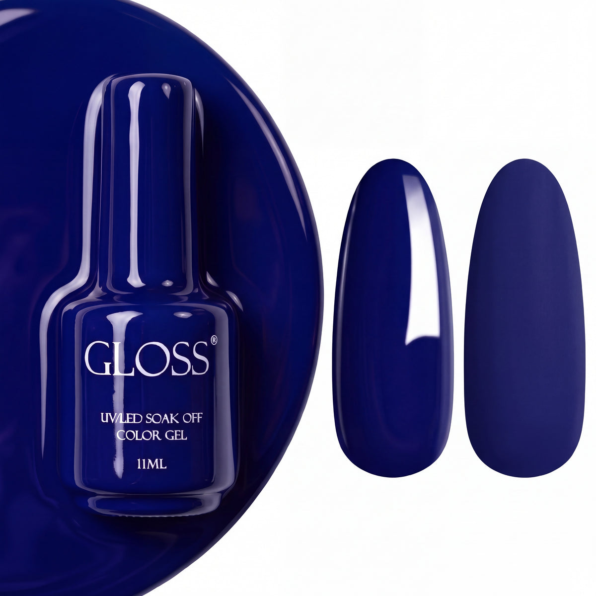 GLOSS gel polish 303 Classic Navy, 11 ml bottle with glossy and matte nail swatches