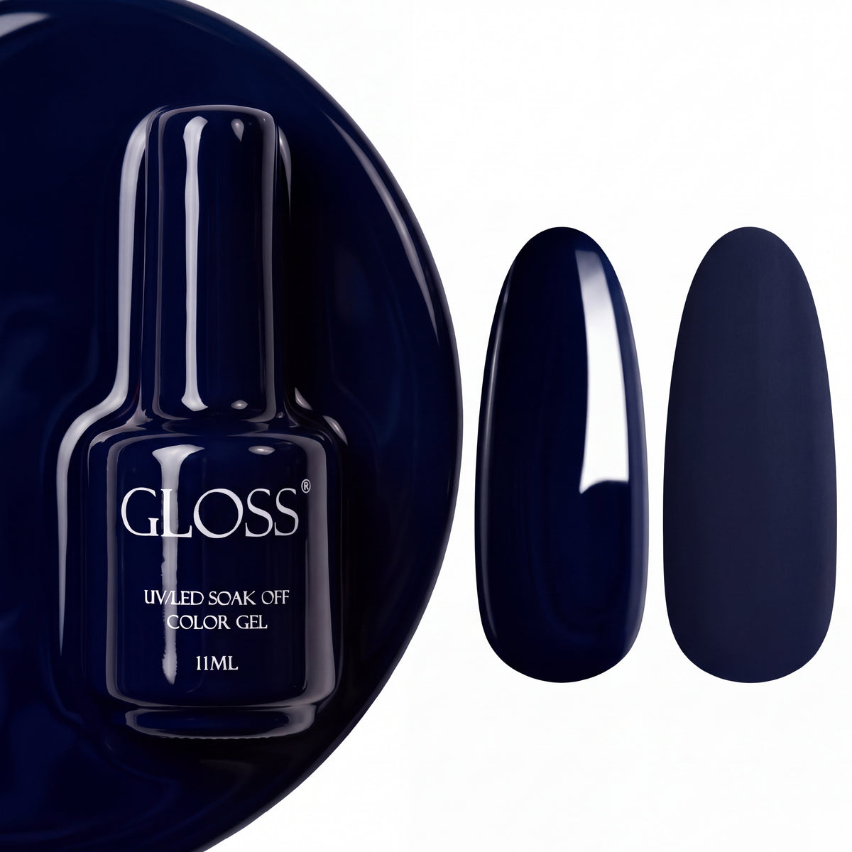 GLOSS gel polish 304 Dark Violet, 11 ml bottle with glossy and matte nail swatches