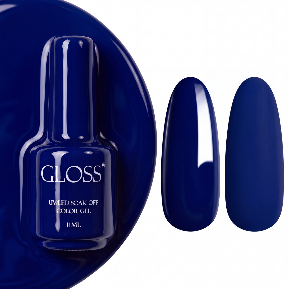 GLOSS gel polish 305 Dark Blue, 11 ml bottle with glossy and matte nail swatches