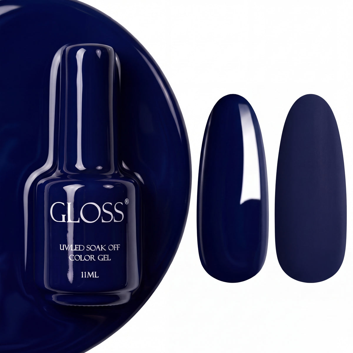 GLOSS gel polish 306 Ultramarine, 11 ml bottle with glossy and matte nail swatches