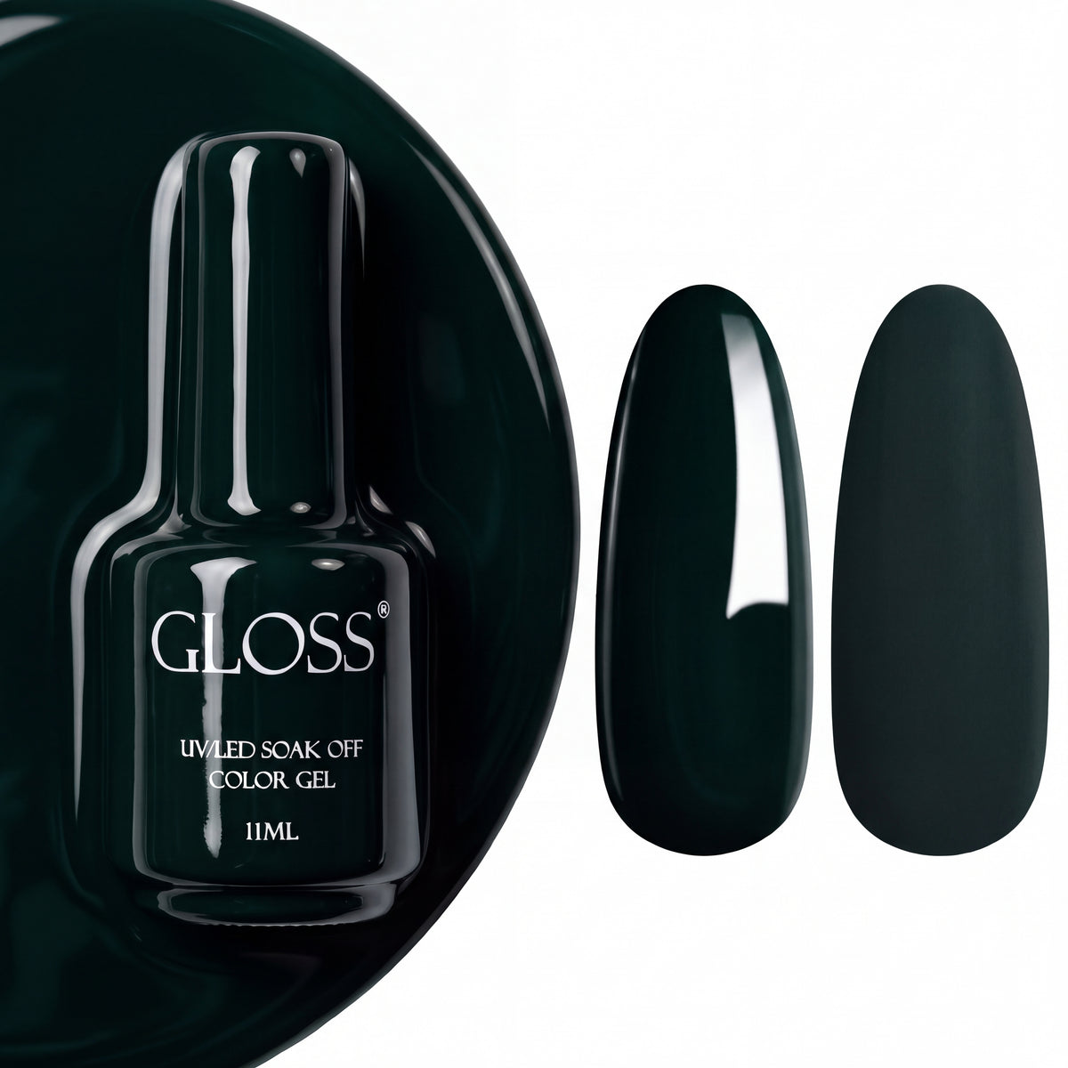 GLOSS gel polish 307 Deep Green, 11 ml bottle with glossy and matte nail swatches