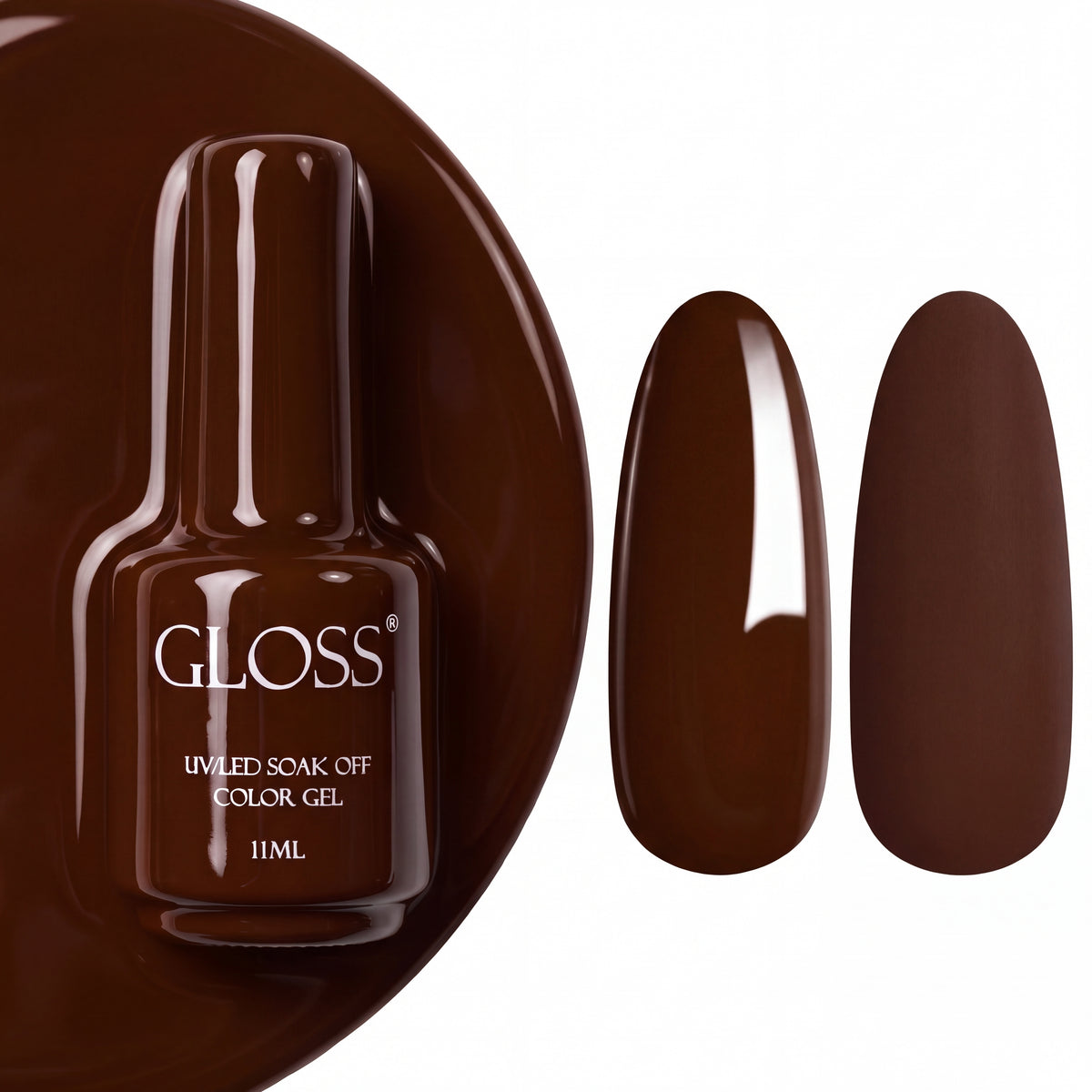 GLOSS gel polish 308 Brown, 11 ml bottle with glossy and matte nail swatches