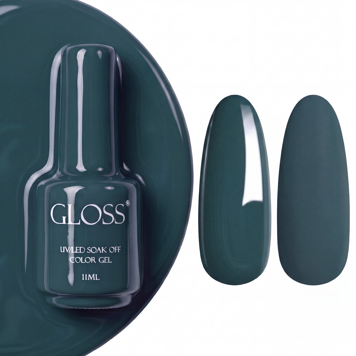 GLOSS gel polish 310 Emerald, 11 ml bottle with glossy and matte nail swatches
