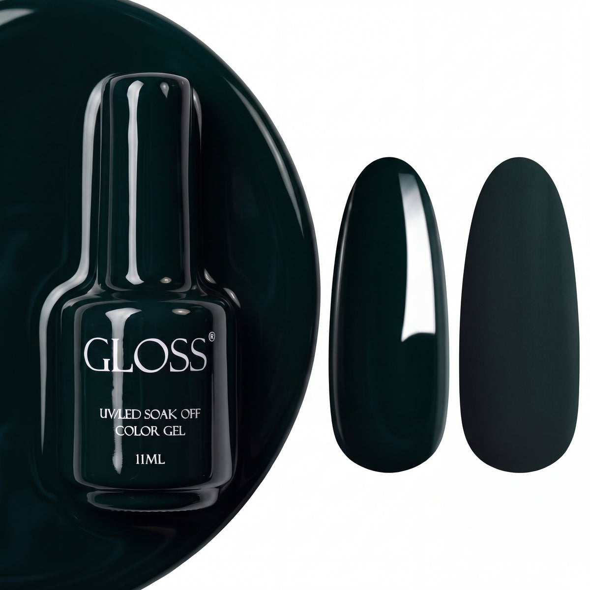 GLOSS gel polish 311 Deep Dark Green, 11 ml bottle with glossy and matte nail swatches