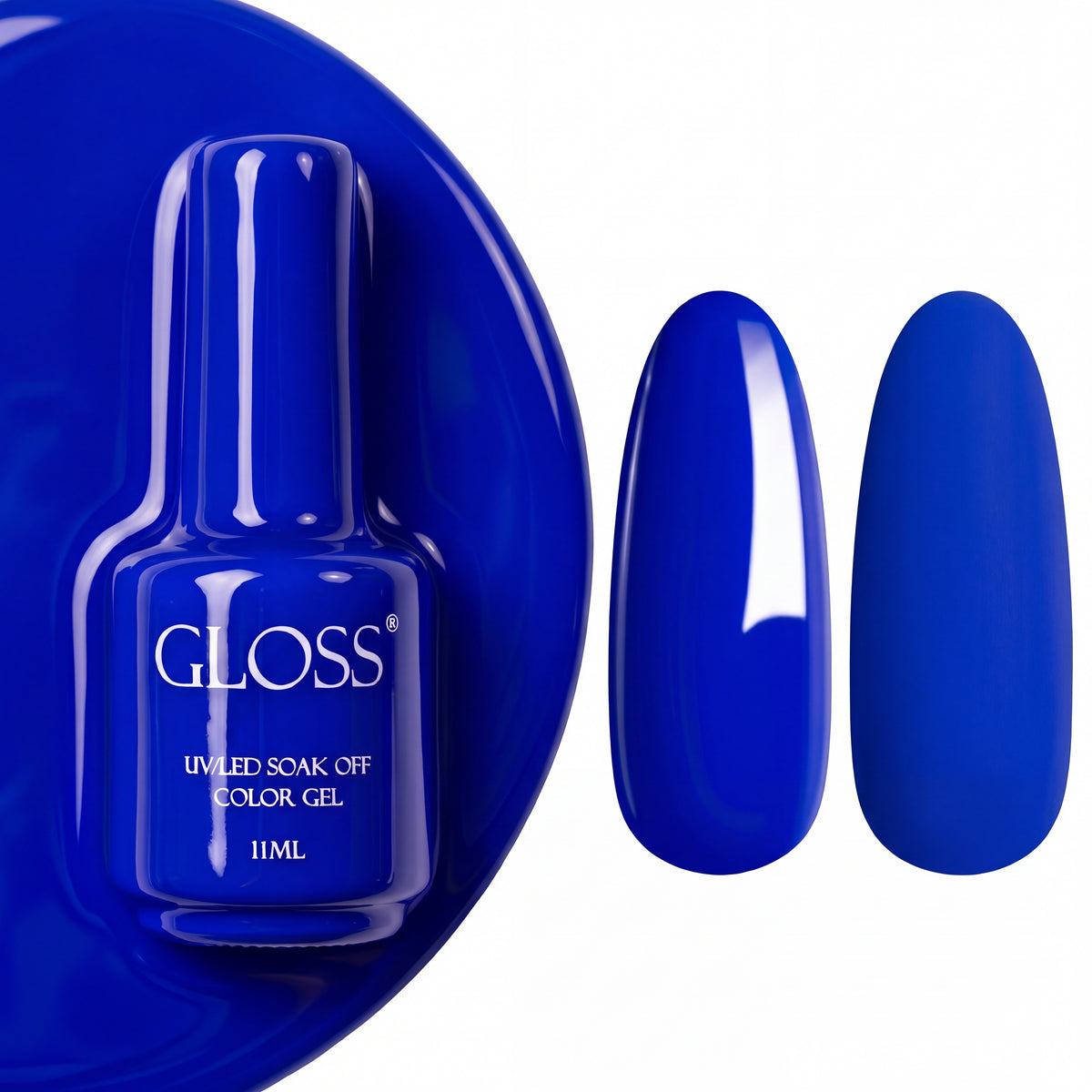 GLOSS gel polish 312 Indigo, 11 ml bottle with glossy and matte nail swatches