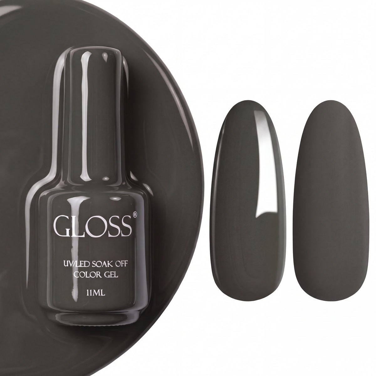 GLOSS gel polish 314 Muted Olive, 11 ml bottle with glossy and matte nail swatches