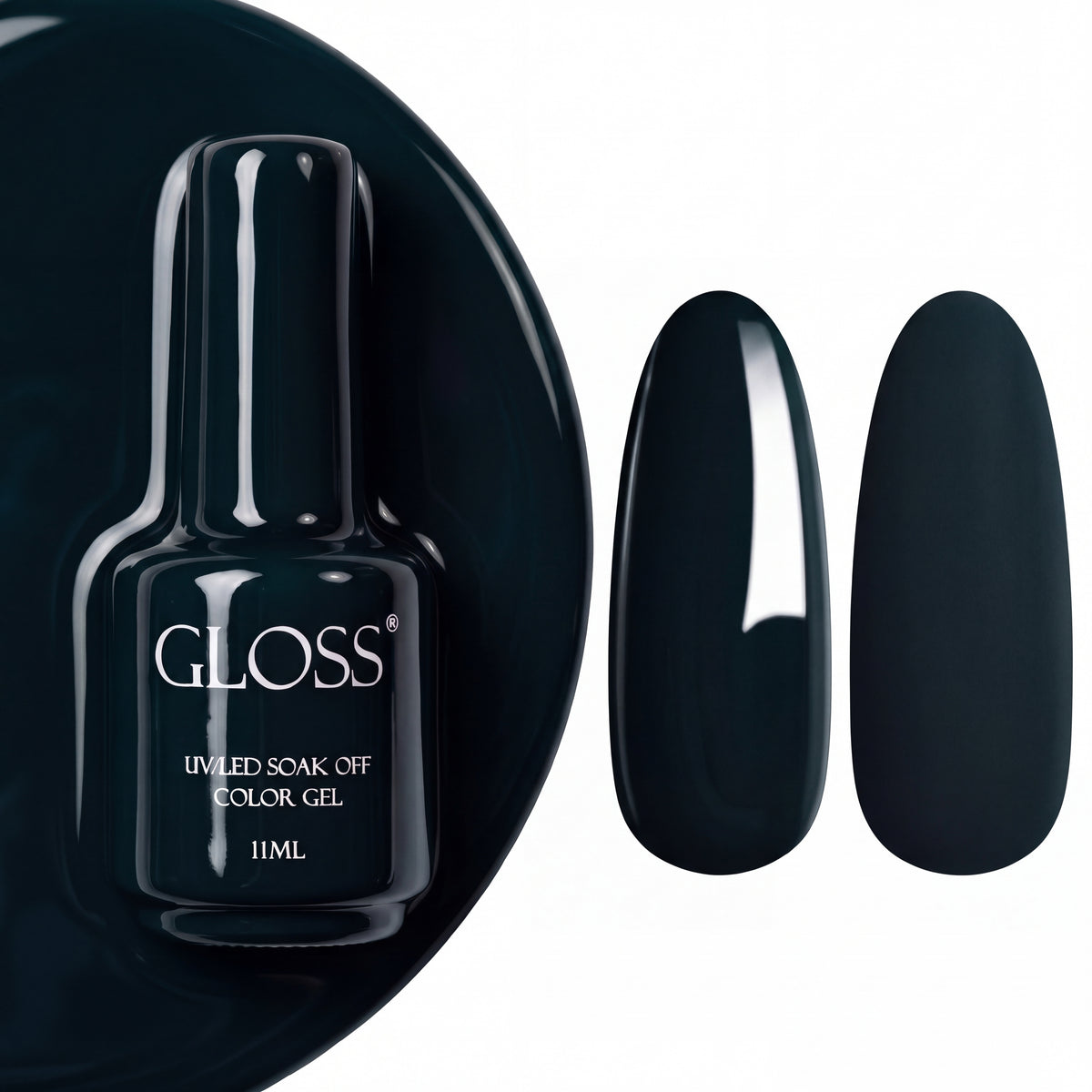 GLOSS gel polish 315 Dark Azure, 11 ml bottle with glossy and matte nail swatches