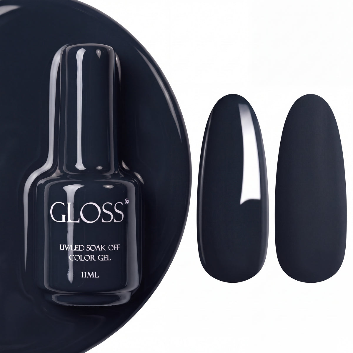 GLOSS gel polish 316 Wet Asphalt, 11 ml bottle with glossy and matte nail swatches
