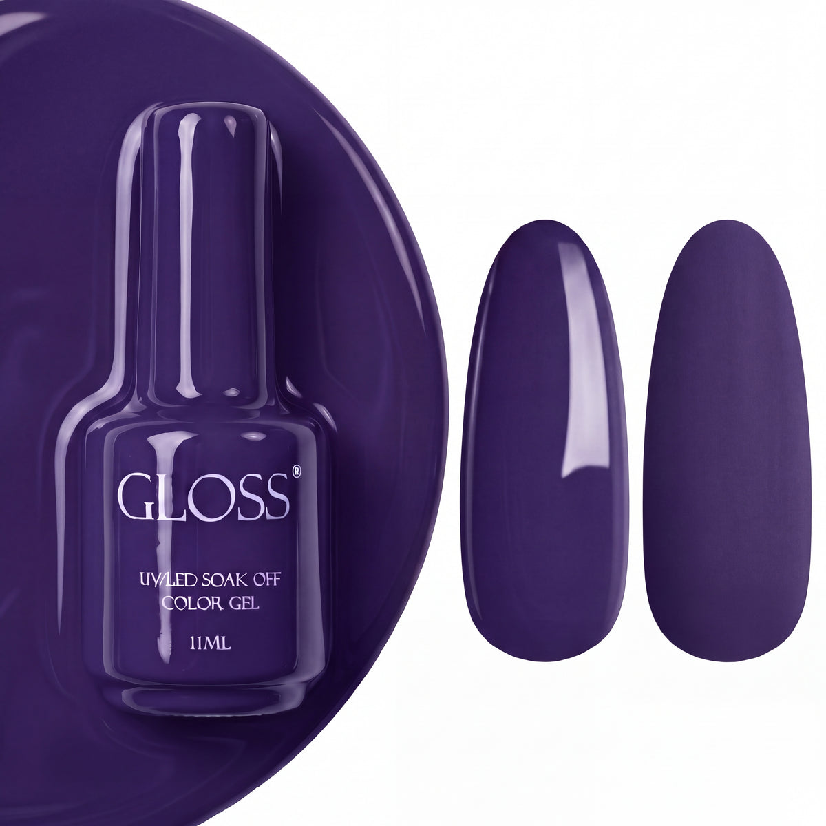 GLOSS gel polish 317 Muted Purple, 11 ml bottle with glossy and matte nail swatches