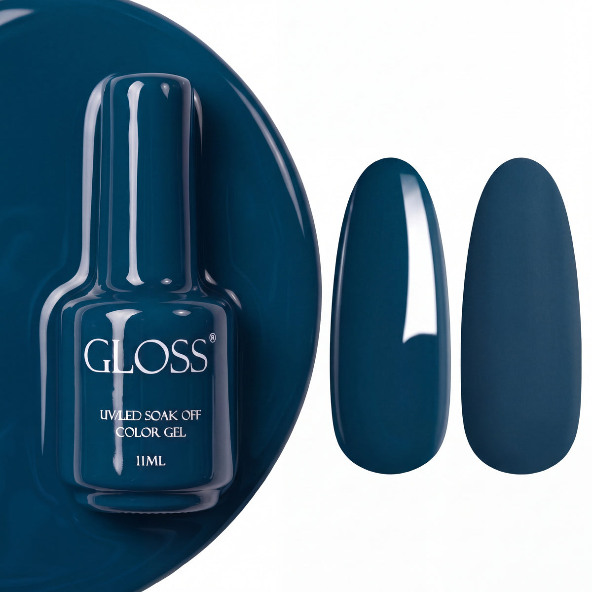 GLOSS gel polish 319 Dark Turquoise, 11 ml bottle with glossy and matte nail swatches