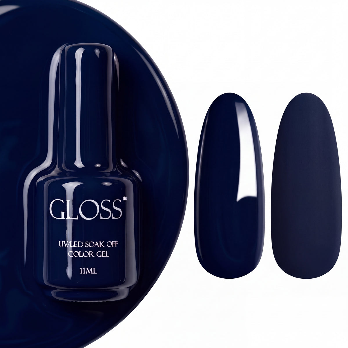 GLOSS gel polish 320 Deep Blue, 11 ml bottle with glossy and matte nail swatches