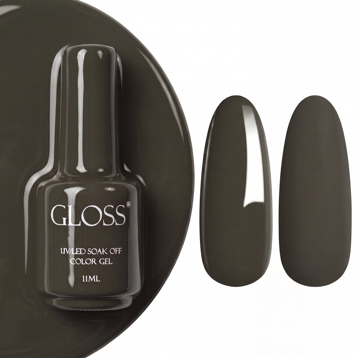 GLOSS gel polish 321 Khaki, 11 ml bottle with glossy and matte nail swatches