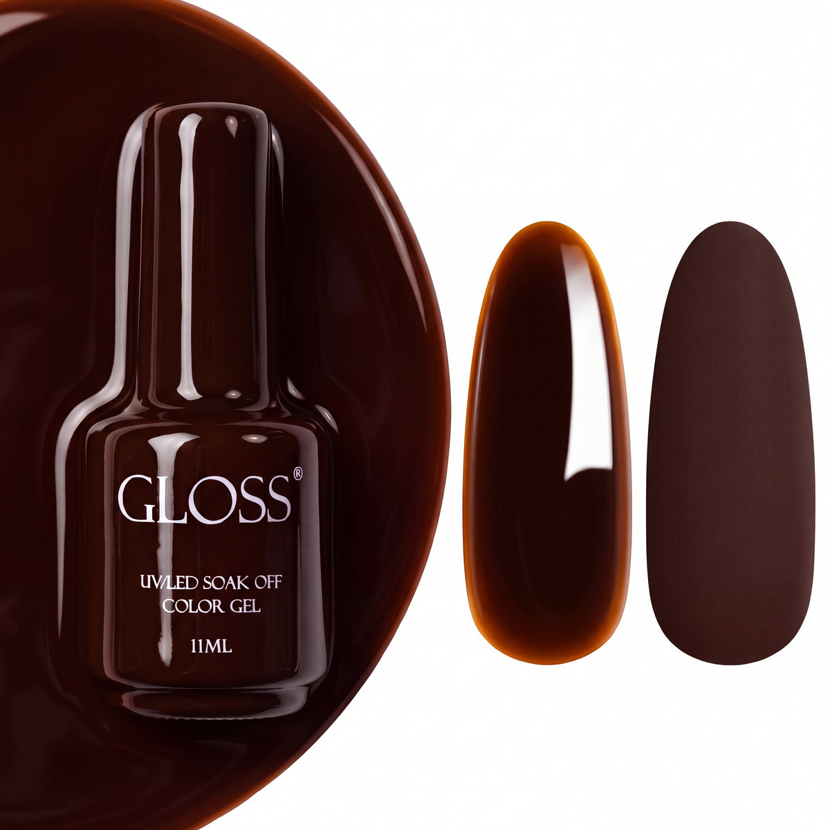 GLOSS gel polish 322 Brown Cherry, 11 ml bottle with glossy and matte nail swatches