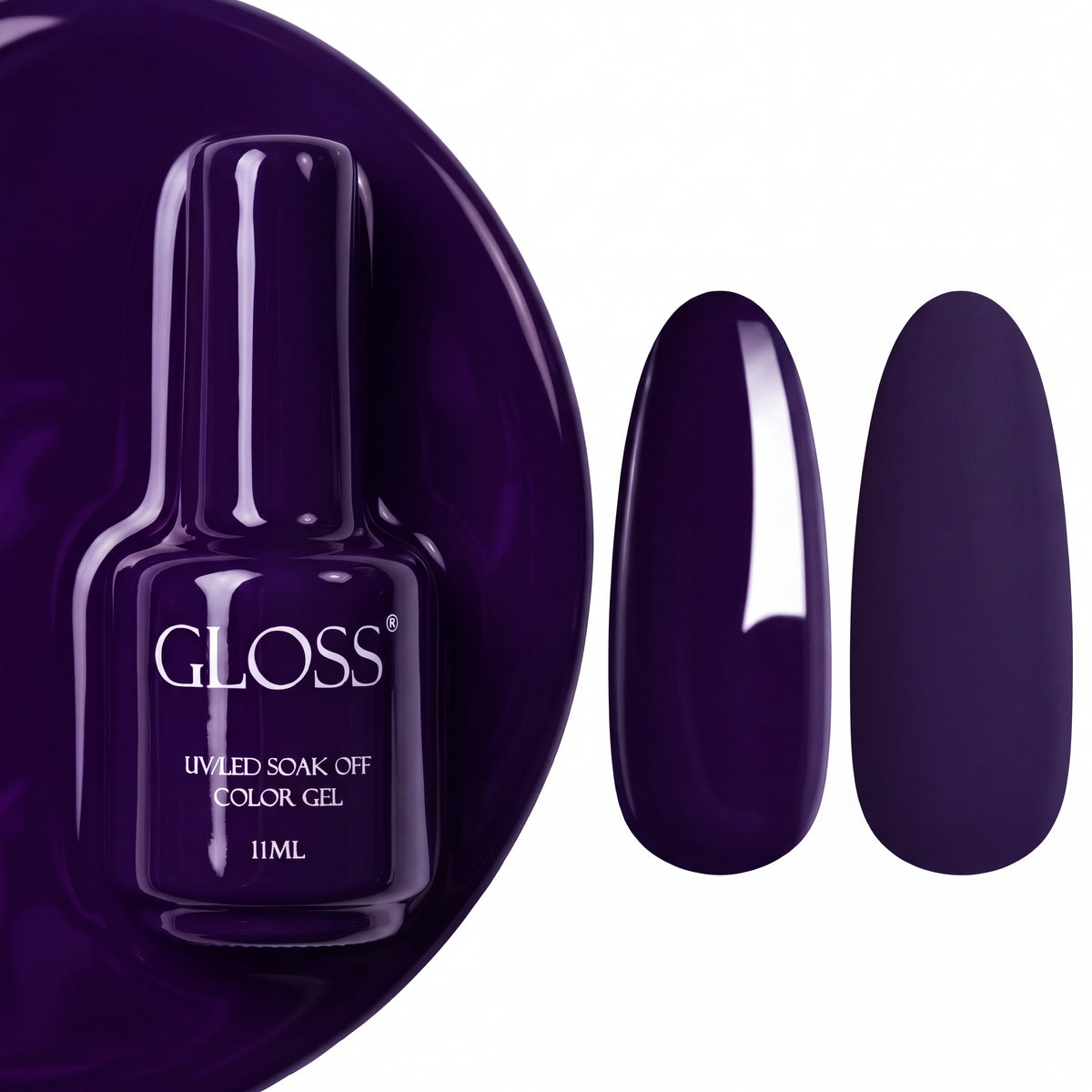 GLOSS gel polish 323 Currant, 11 ml bottle with glossy and matte nail swatches
