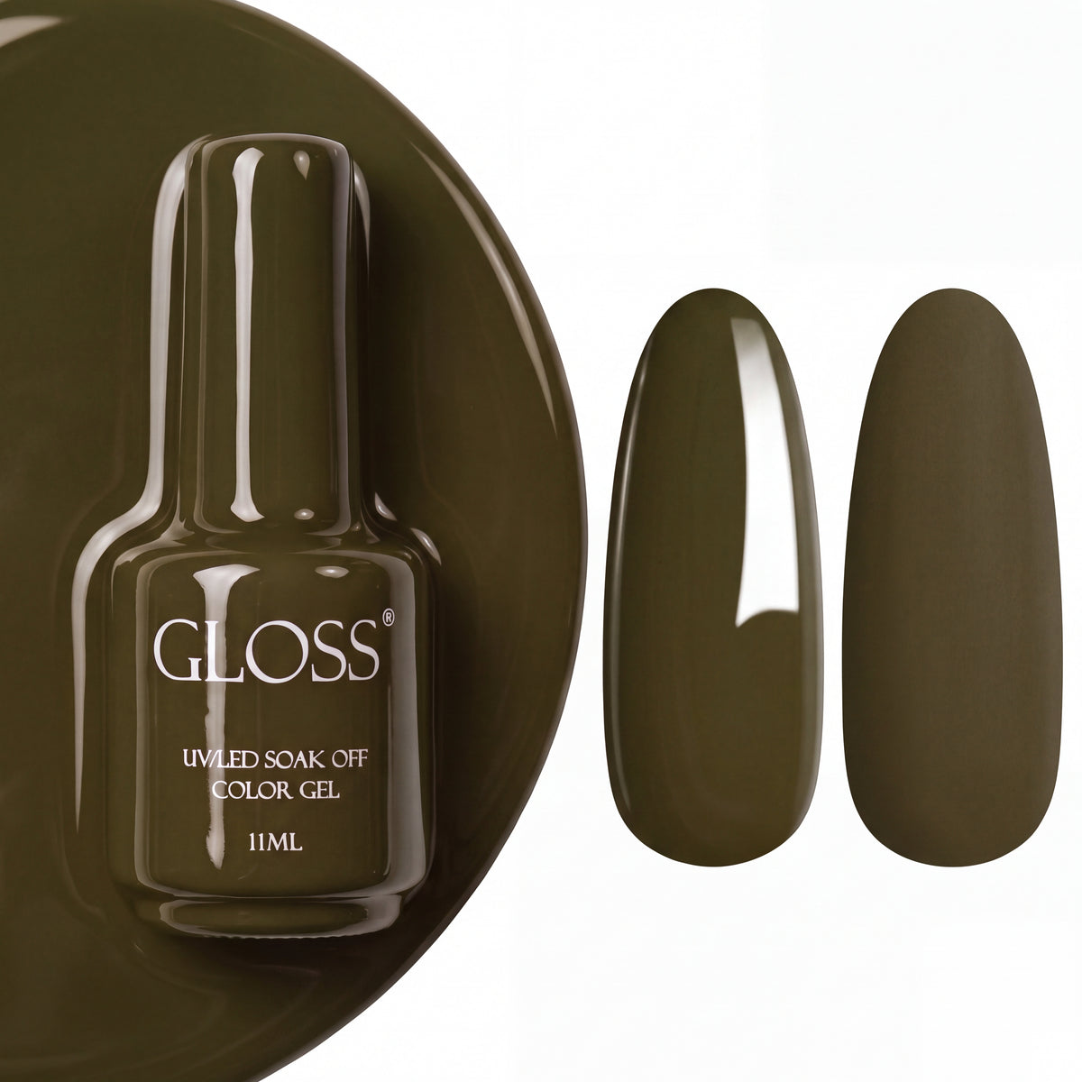 GLOSS gel polish 324 Olive, 11 ml bottle with glossy and matte nail swatches