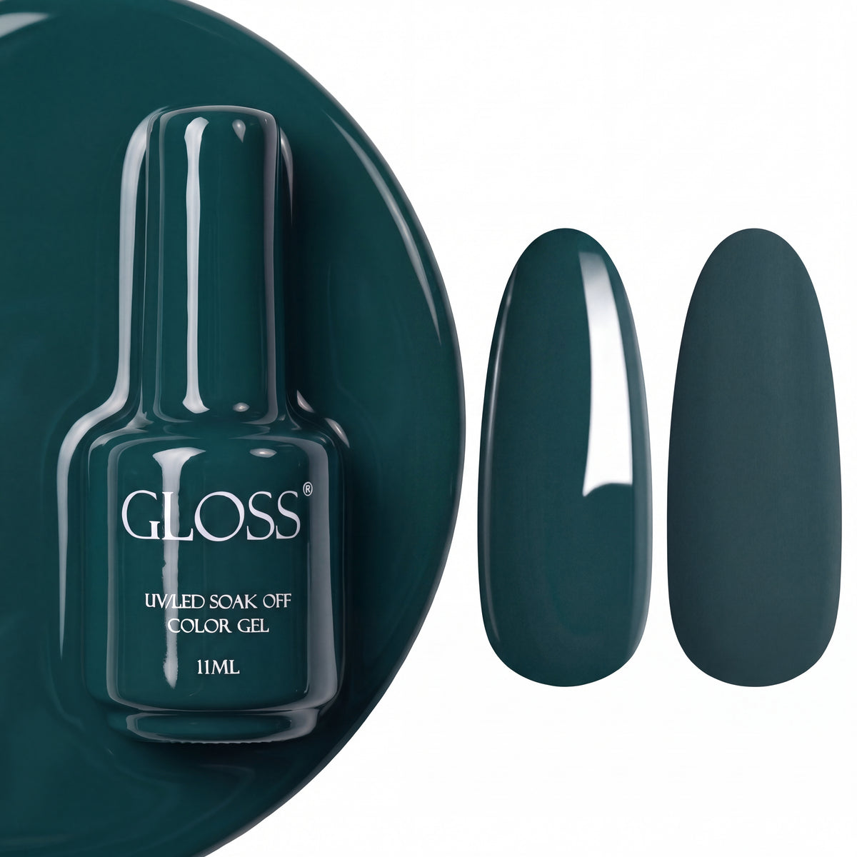 GLOSS gel polish 325 Coniferous, 11 ml bottle with glossy and matte nail swatches